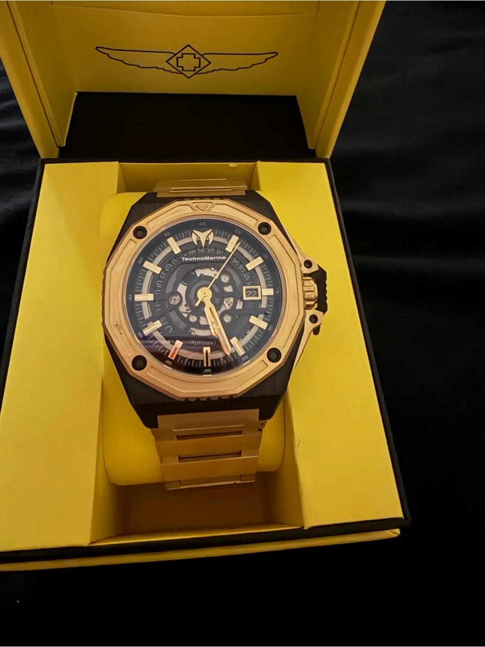 Technomarine Gold and Black Carbon Nautic Automatic Skeleton Watch